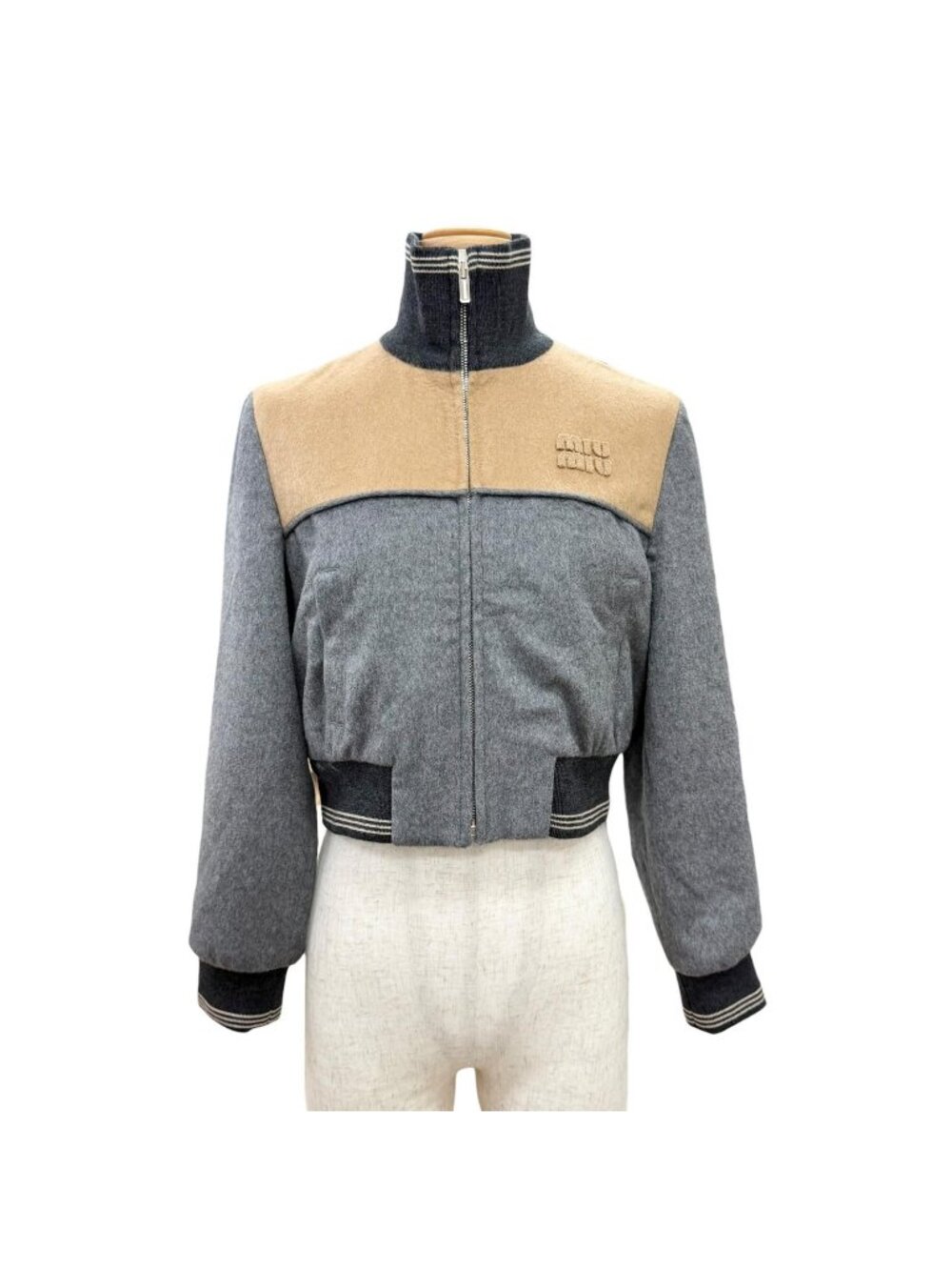 Miu Miu Wool Cashmere Camel Logo Cropped Jacket Gray Brown 36